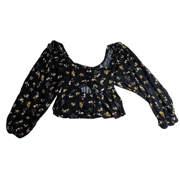 Urban Outfitters Crop Top Womens Medium Blue Yellow Floral Long Sleeve Boho Y2K - Picture 1 of 9
